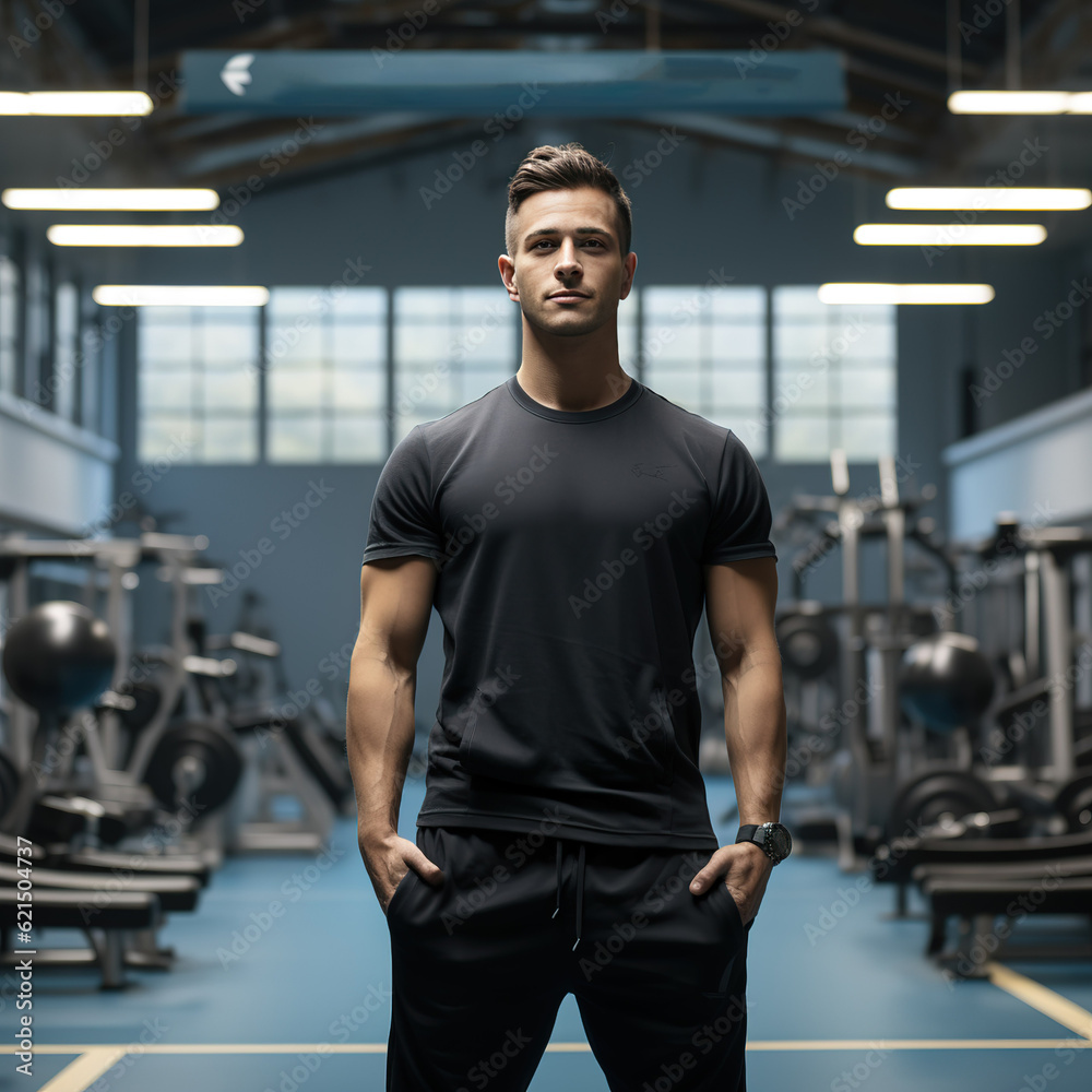 Portrait of handsome muscular man standing in the background of sport gym. created with generative AI technology. Portrait of handsome muscular man standing in the background of sport gym. created with generative AI technology.