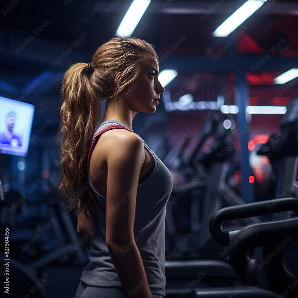 Fototapeta premium Portrait of beauty woman standing with activewear in the background of sport gym. created with generative AI technology.