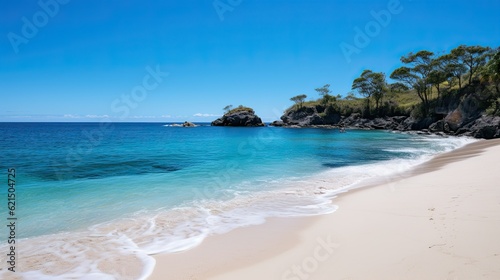 A serene and secluded beach cove, with gentle waves, white sand, and a sense of tranquility in the air. generative ai