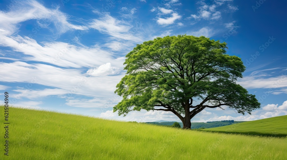 A tall and majestic tree standing alone in a vast meadow, its branches reaching towards the sky. generative ai A tall and majestic tree standing alone in a vast meadow, its branches reaching towards the sky. generative ai