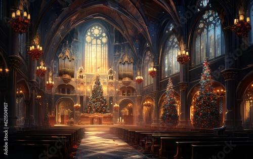 The interior decoration of a church on Christmas