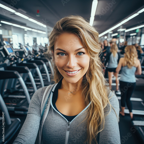 Portrait of beauty woman standing taking a selfie with activewear in the background of sport gym. created with generative AI technology.