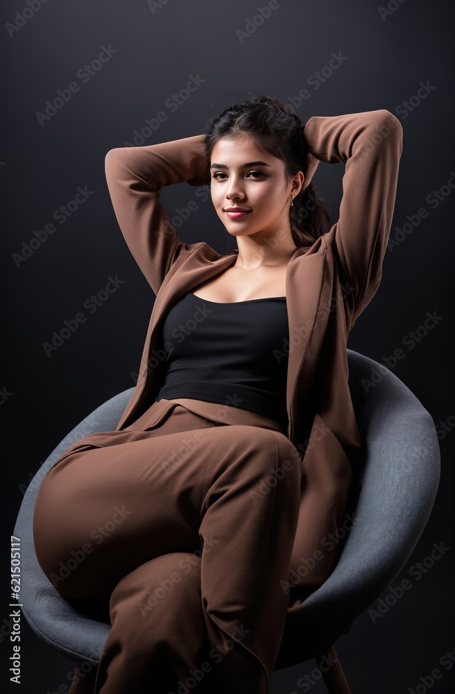Classic studio portrait of a young brunette dressed in a black top, who is sitting on a chair against a black background. Generative AI. Classic studio portrait of a young brunette dressed in a black top, who is sitting on a chair against a black background. Generative AI.
