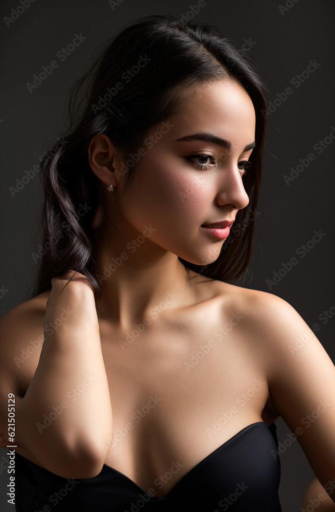 Classic studio portrait of a young brunette dressed in a black top, who is sitting on a chair against a black background. Generative AI. Classic studio portrait of a young brunette dressed in a black top, who is sitting on a chair against a black background. Generative AI.