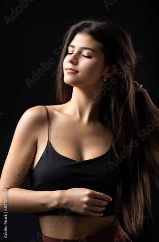 Classic studio portrait of a young brunette dressed in a black top, who is sitting on a chair against a black background. Generative AI.