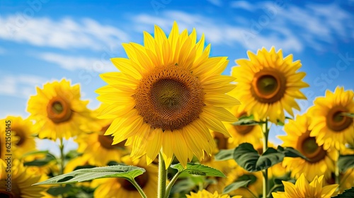 A vibrant field of sunflowers  their bright yellow petals turning towards the sun  radiating warmth and happiness. generative ai