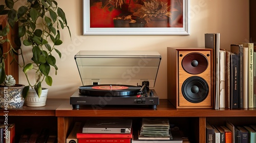 A vintage vinyl record player with a collection of classic albums on a wooden shelf, generative ai