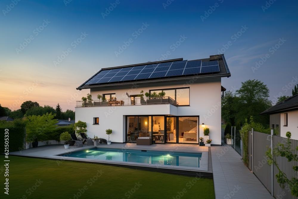 Solar panels on the roof of a beautiful modern home. generative ai