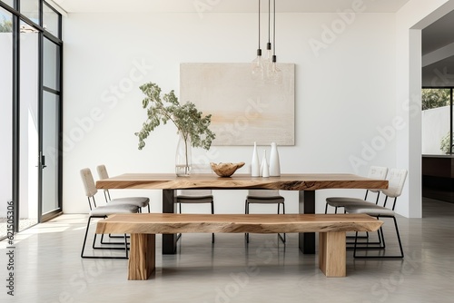 Minimalist dining room with a live edge table and simple  generative ai
