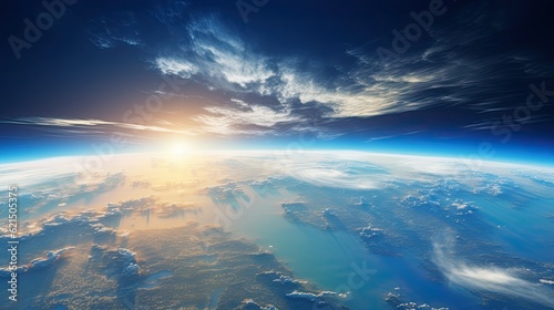 The beauty of planet Earth seen from space, with swirling clouds, blue oceans, and continents bathed in sunlight. generative ai