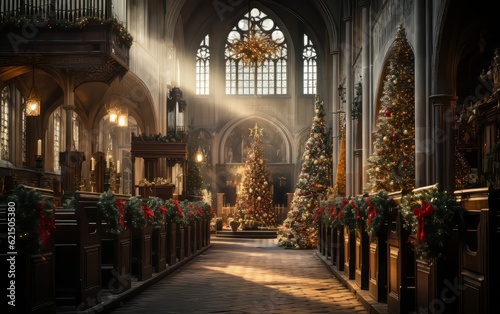 The interior decoration of a church on Christmas