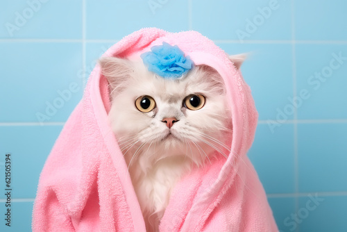 Funny wet white cat, after bathing, wrapped in a towel