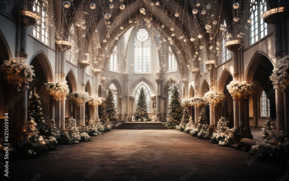 The interior decoration of a church on Christmas
