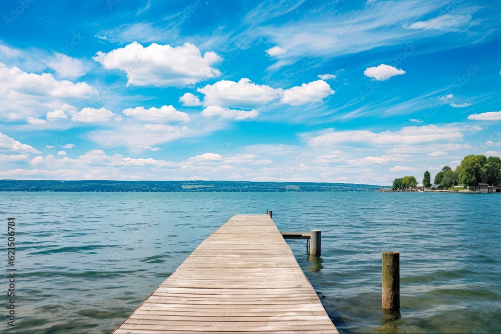 Serene Canandaigua Lake Landscape with Clear Blue Sky and Calm Waters: Generative AI