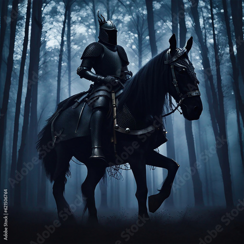 An AI-generated image of a black knight riding his armored black horse in a misty forest at dusk. Stock image. photo