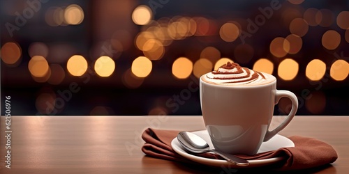 Close up of hot drink with chocolate on wooden table with copy space