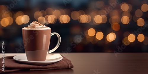 Fotografiet Close up of hot drink with chocolate on wooden table with copy space