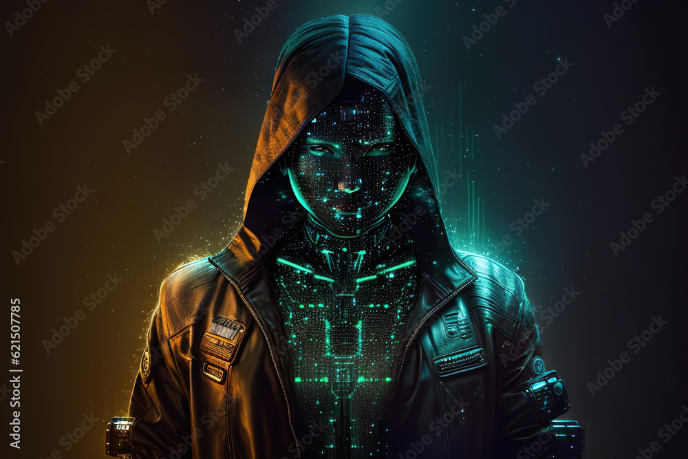Naklejka premium Android in matrix space. Artificial intelligence in a female form. Generative AI.