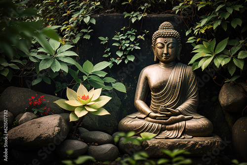 Buddha stone statue in green zen environment  generative ai.