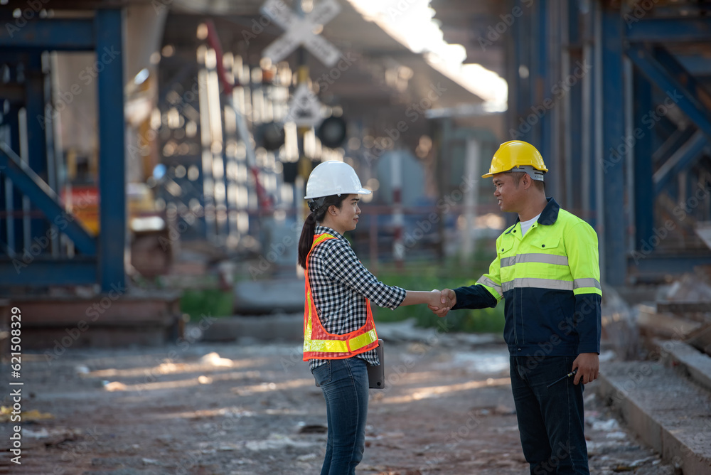 The expressway engineering team inspected the construction work. Asian