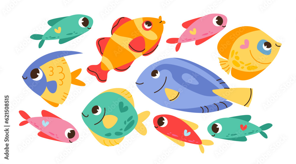 Cute sea fish. Sea life. Underwater world. Cartoon vector characters with smiling faces.