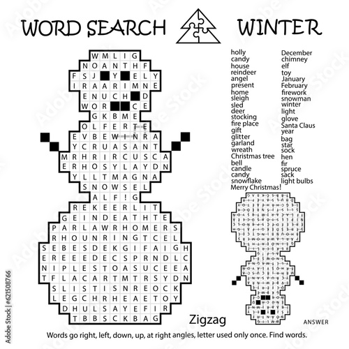 Zigzag Word Search Crossword Puzzle. Snowman. Winter. Words go right, left, down, up, at right angles, letter used only once. Black, white educational activity page. Worksheet. Game for kids, adults