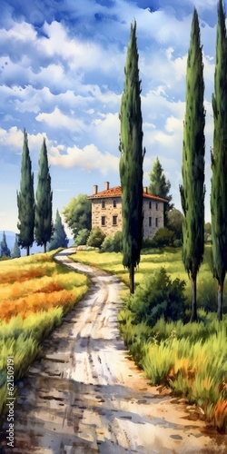 Italian Countryside Villa Painting With Cypress Trees