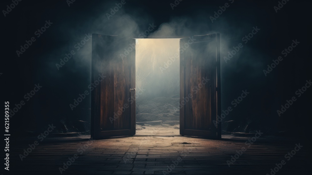 Open door in dark and mysterious style. Generative AI Open door in dark and mysterious style. Generative AI