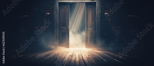 Open door in dark and mysterious style. Generative AI photo