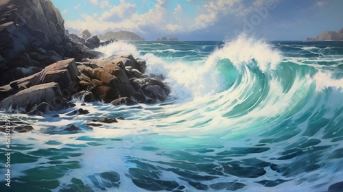 Realistic Painting Of Barents Sea Waves Crashing On Waimea Bay Shore photo