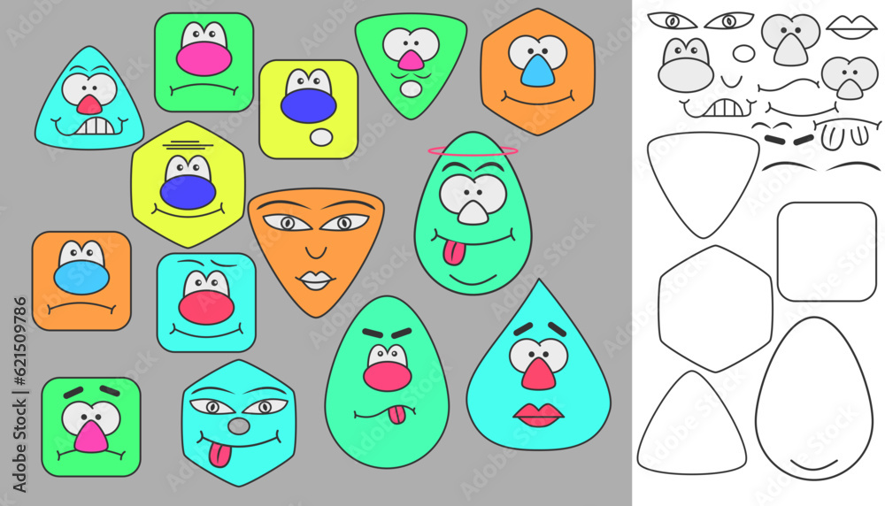 A set of funny faces. Faces with emotions. Elements and shapes to create different faces. A set of funny faces. Faces with emotions. Elements and shapes to create different faces.