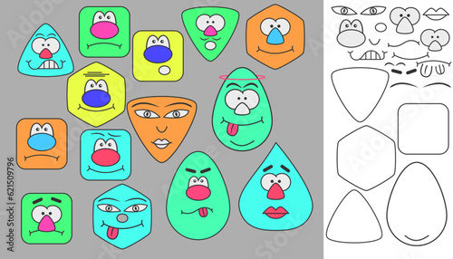 A set of funny faces. Faces with emotions. Elements and shapes to create different faces.