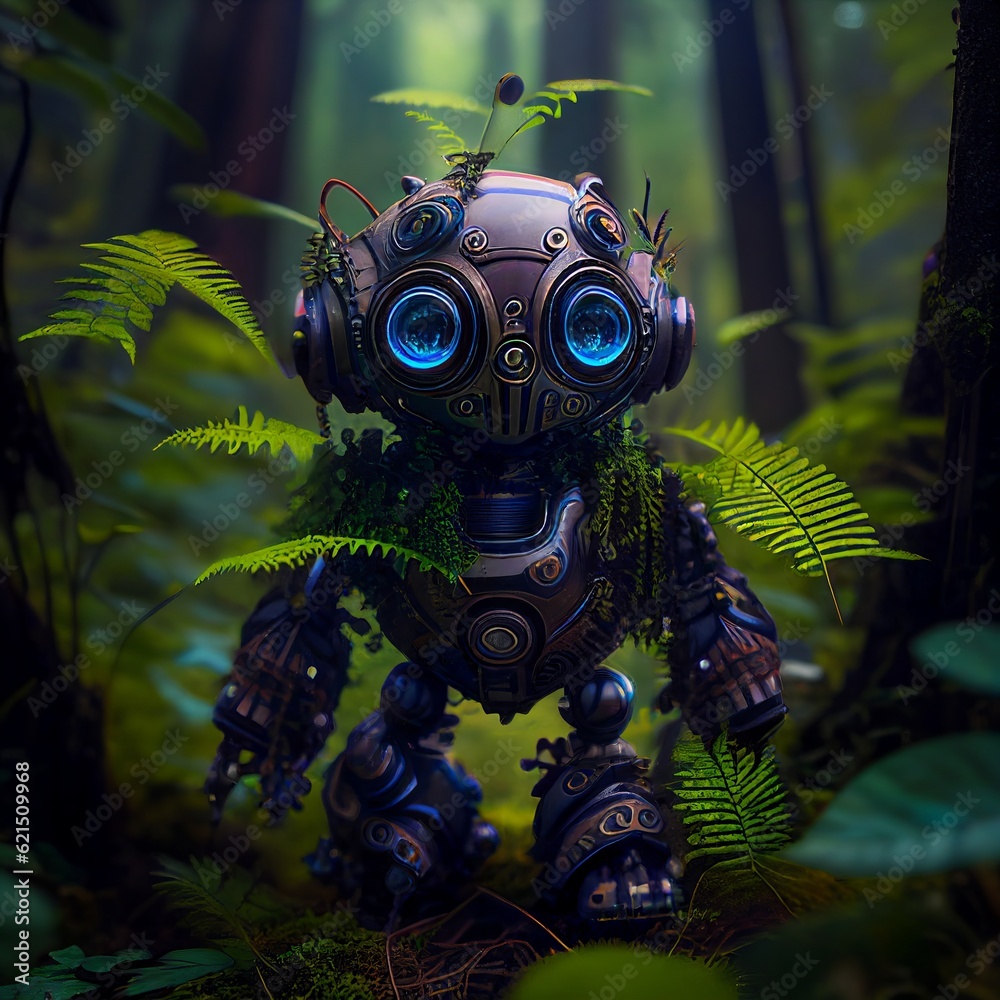 robot small in the forest, realistic style Generative AI