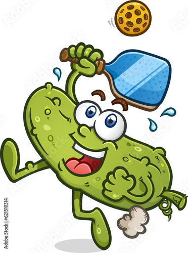 Pickle cartoon running and hopping to reach a stray pickleball bounce that's way above his head while he's sweating and working out vector clip art