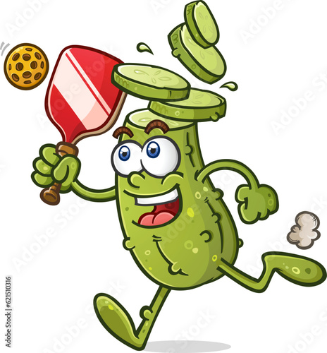 Pickle cartoon with chopped head and slices falling off jogging toward a stray pickleball on the court during an exciting match vector clip art