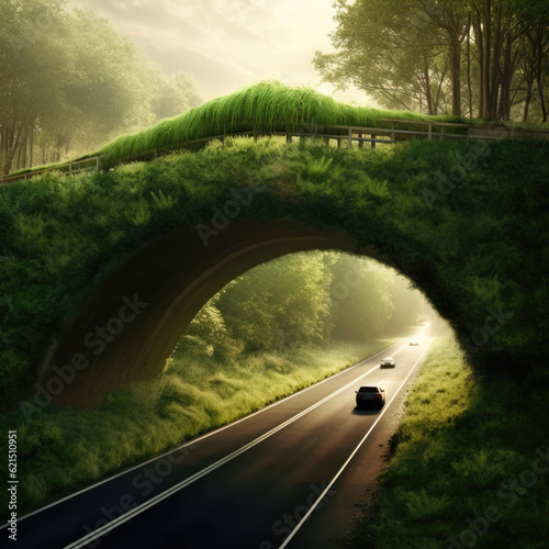 Green bridge over a motorway that allows wildlife to safely cross over. Ecoduct or wildlife crossing. photo