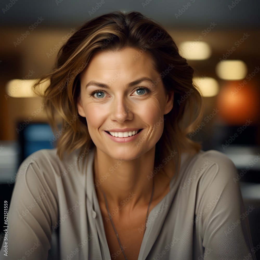 Photo of beautiful happy woman looking at camera while sitting at office Photo of beautiful happy woman looking at camera while sitting at office