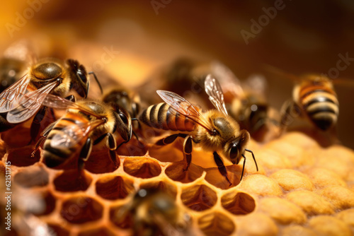 group of bees standing next to each other inside of a honeycomb. biological diversity, work of insects in beekeeping, and process of honey production.