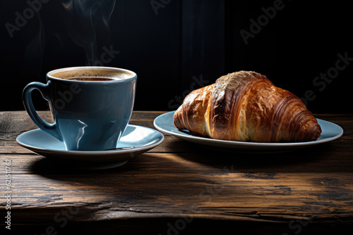 freshly-baked croissant placed on a white plate next to a hot cup of coffee. The crispy and flaky texture of the croissant complements the rich aroma and flavor of the coffee.