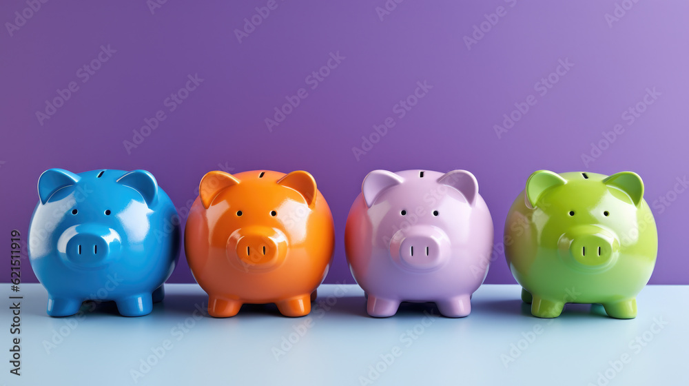 row of colorful piggy banks on top of purple background. saving money, wealth, and confidence in the future. piggy banks may demonstrate the diversity of goals row of colorful piggy banks on top of purple background. saving money, wealth, and confidence in the future. piggy banks may demonstrate the diversity of goals