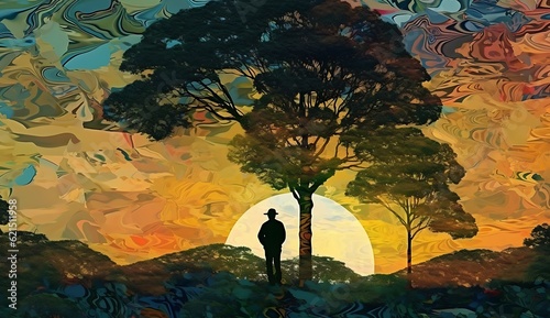 Man standing under a tree in the forest at sunset ai generated © Gorilla Studio