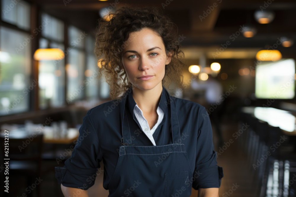 woman wearing an apron standing in a restaurant. She is looking straight at the camera with a smile on her face, with kitchen equipment visible in the background. woman wearing an apron standing in a restaurant. She is looking straight at the camera with a smile on her face, with kitchen equipment visible in the background.