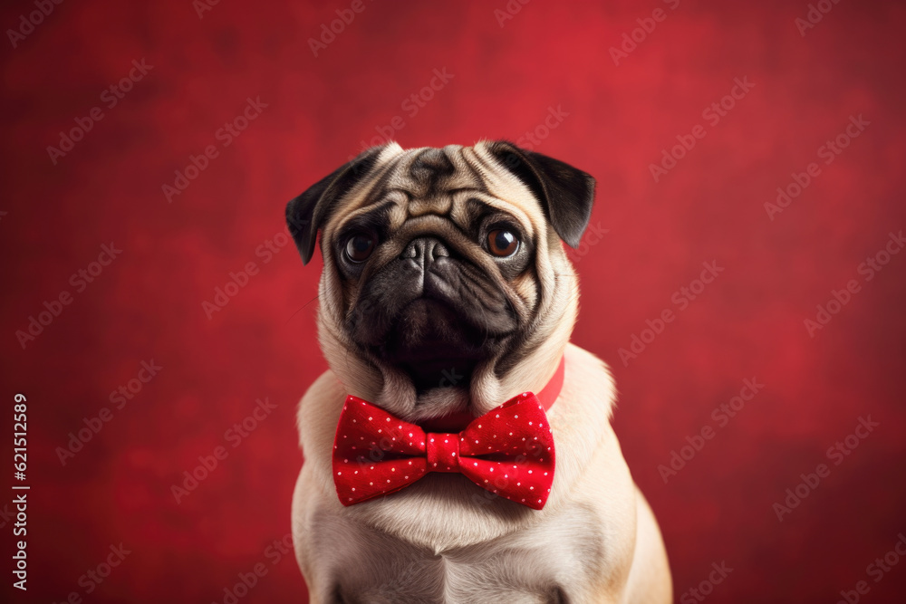 pug wearing a red bow tie on a red background, charm and playfulness of this dog breed. stylish look to it