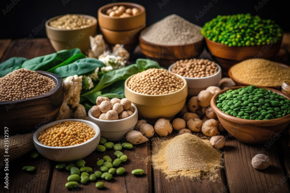 many kinds of small bowls of grains and legumes on a wooden background. healthy lifestyle, proper nutrition, and ecology. healthy eating, cooking, and ecology