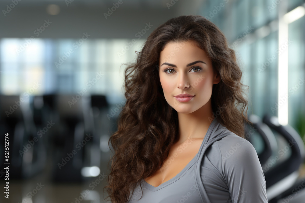 Fototapeta premium beautiful young lady with long curly hair standing in front of gym equipment. healthy lifestyle and fitness, beauty of female body. sports, and healthy lifestyle