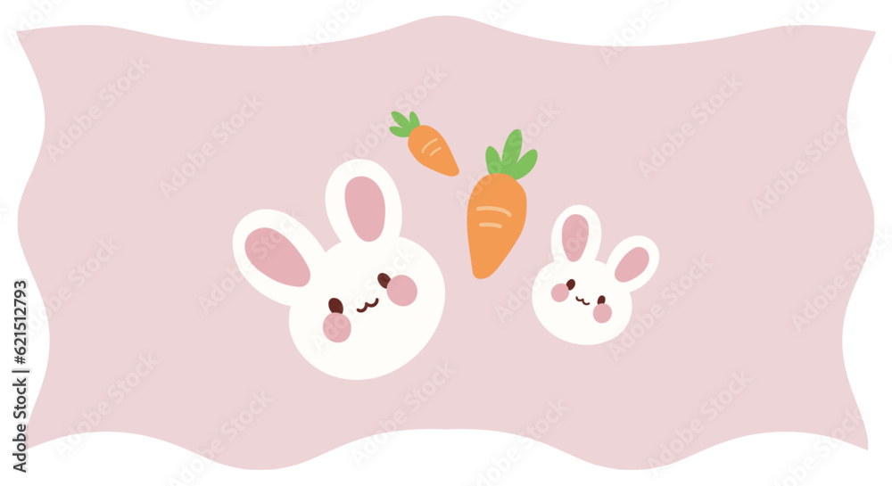 Two cute bunnies and a carrot Vector Illustration: Vector Cartoon of cute bunnies and a carrot with a pink and white background.