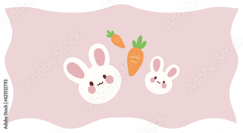 Two cute bunnies and a carrot Vector Illustration: Vector Cartoon of cute bunnies and a carrot with a pink and white background.