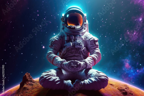 astronaut meditating with a galaxy in the background. symbolize the fusion of outer space and inner world, show the importance of meditation practices and spirituality in the context of future travel