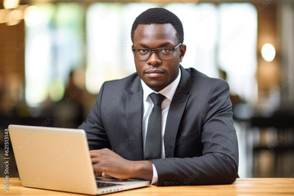 Black professional working on a laptop in an office setting, dressed in formal attire. The focus and expertise on the man's face, coupled with the clean and modern Black professional working on a laptop in an office setting, dressed in formal attire. The focus and expertise on the man's face, coupled with the clean and modern