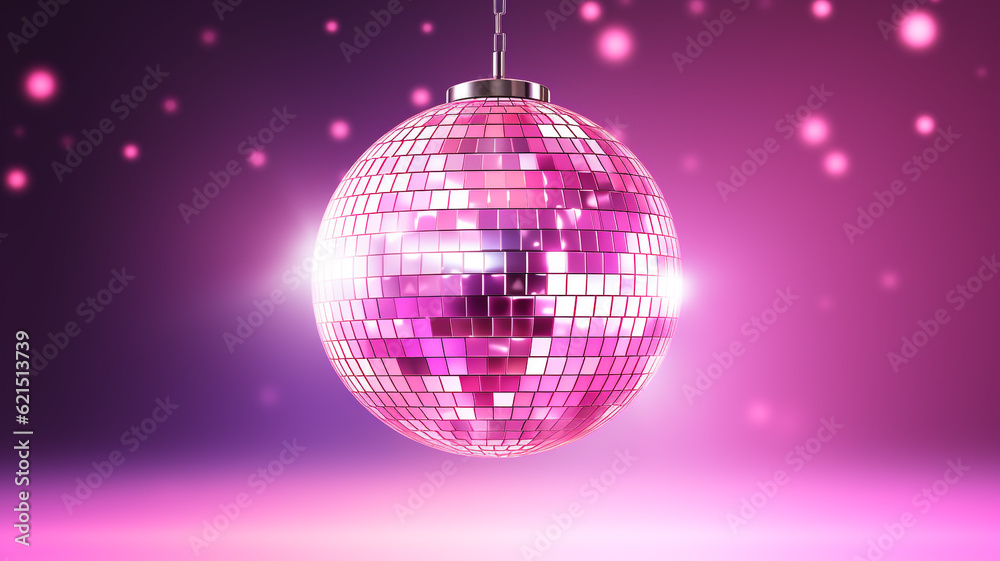 Obraz premium rosa pink Discokugel mit Lichtern und Lichteffekten. Querformat. Generative Ai.
